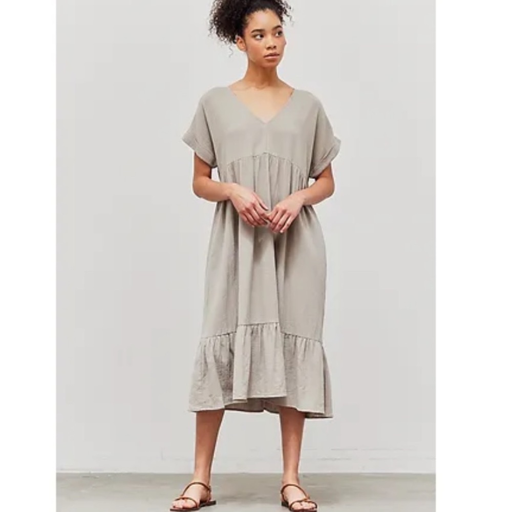 Grade & gather tiered cotton midi dress small oversized peasant v neck green